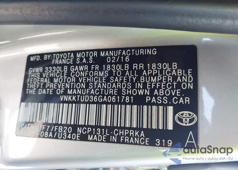 2016 Toyota Yaris Le from USA, damaged, VIN VNKKTUD36GA061781